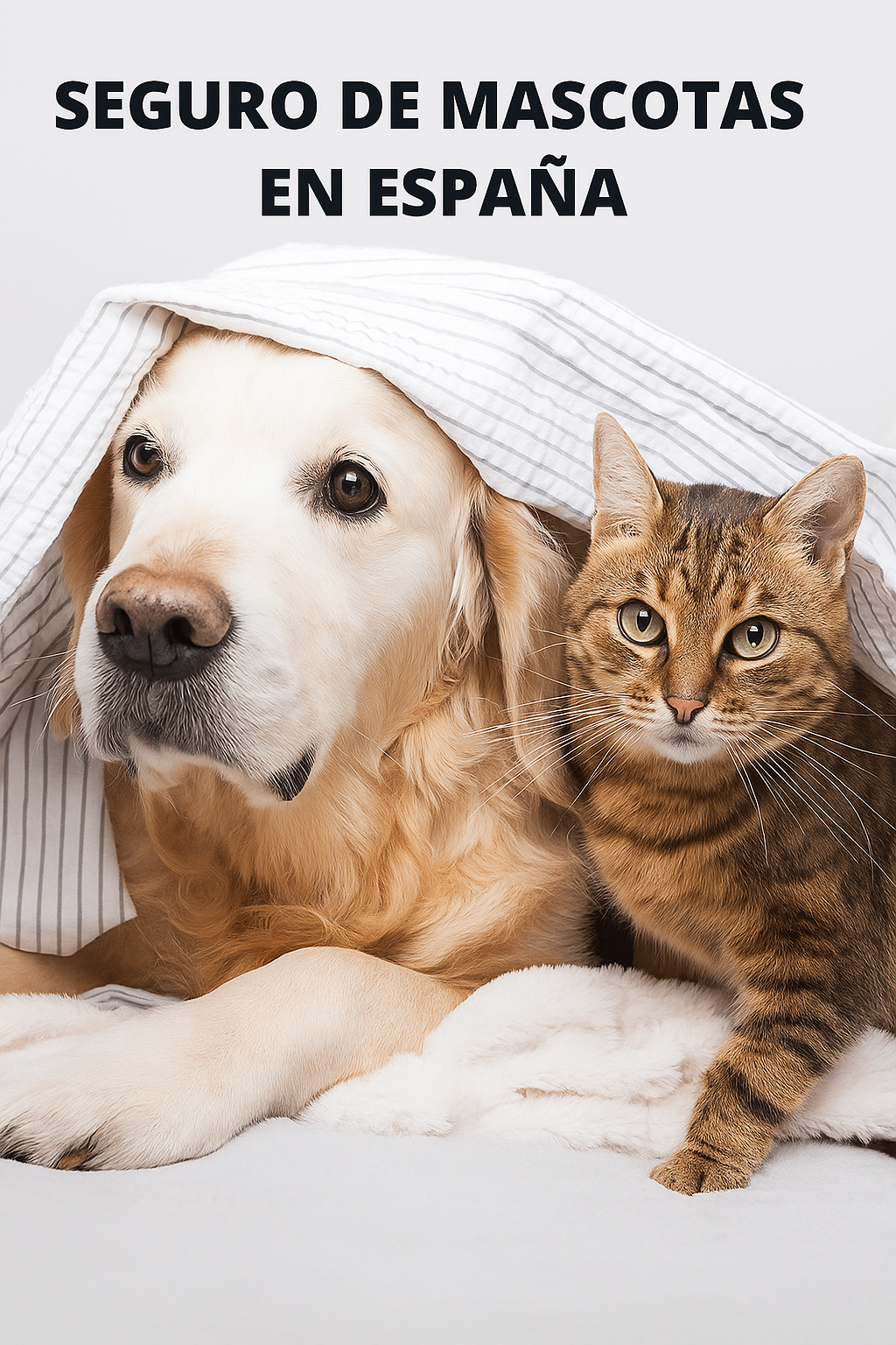 un perro y un gato, amigos, protegidos por una manta dela intemperie. Es para concienciar que se necesita contratar seguro de mascotas, Y donde poder verlo mejor en la web segurosmascotas.online